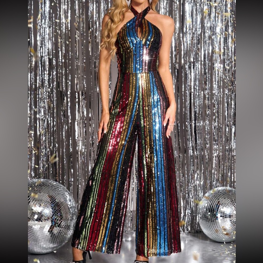Rebellious Rose Multicolor Sequin Halter Jumpsuit - Picture 2 of 4